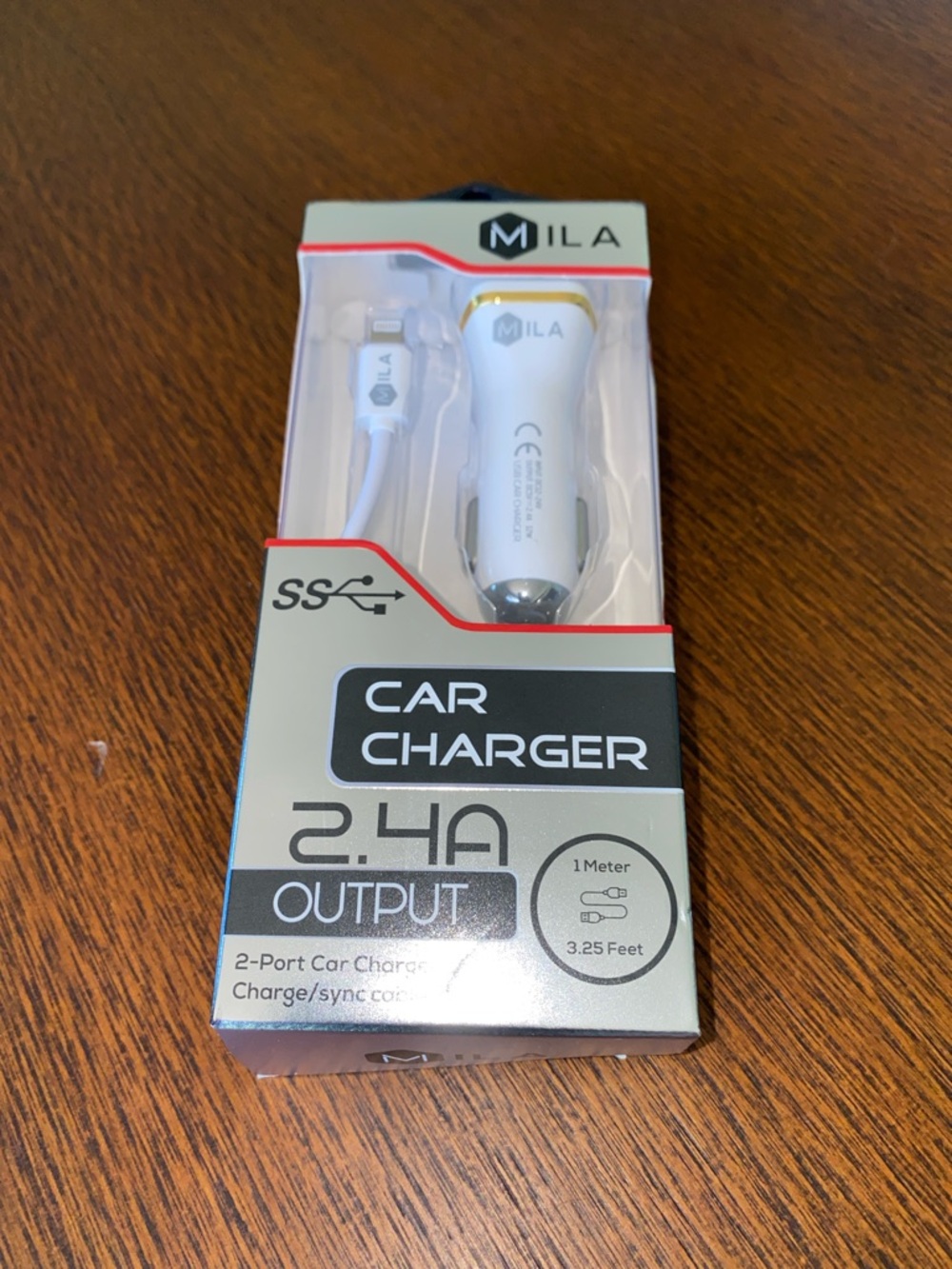 MILA 2.4A White & Gold Dual-Port Car Charger with Lightning Cable